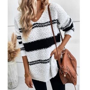 Cozy Swiss dot V neck popcorn sweater top